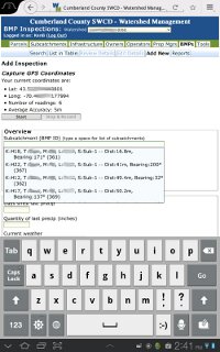 Screencapture from a Samsung Galaxy Tab runnng Firefox Mobile of a BMP (best management practices) inspection being initialized by selecting area to be inspected based on the user's GPS coordinates.